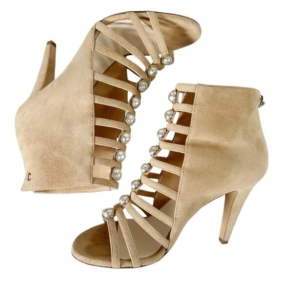 CHANEL Pearl Caged Open Toe Heeled Suede Ankle Boot Sandals - Picture 5 of 12